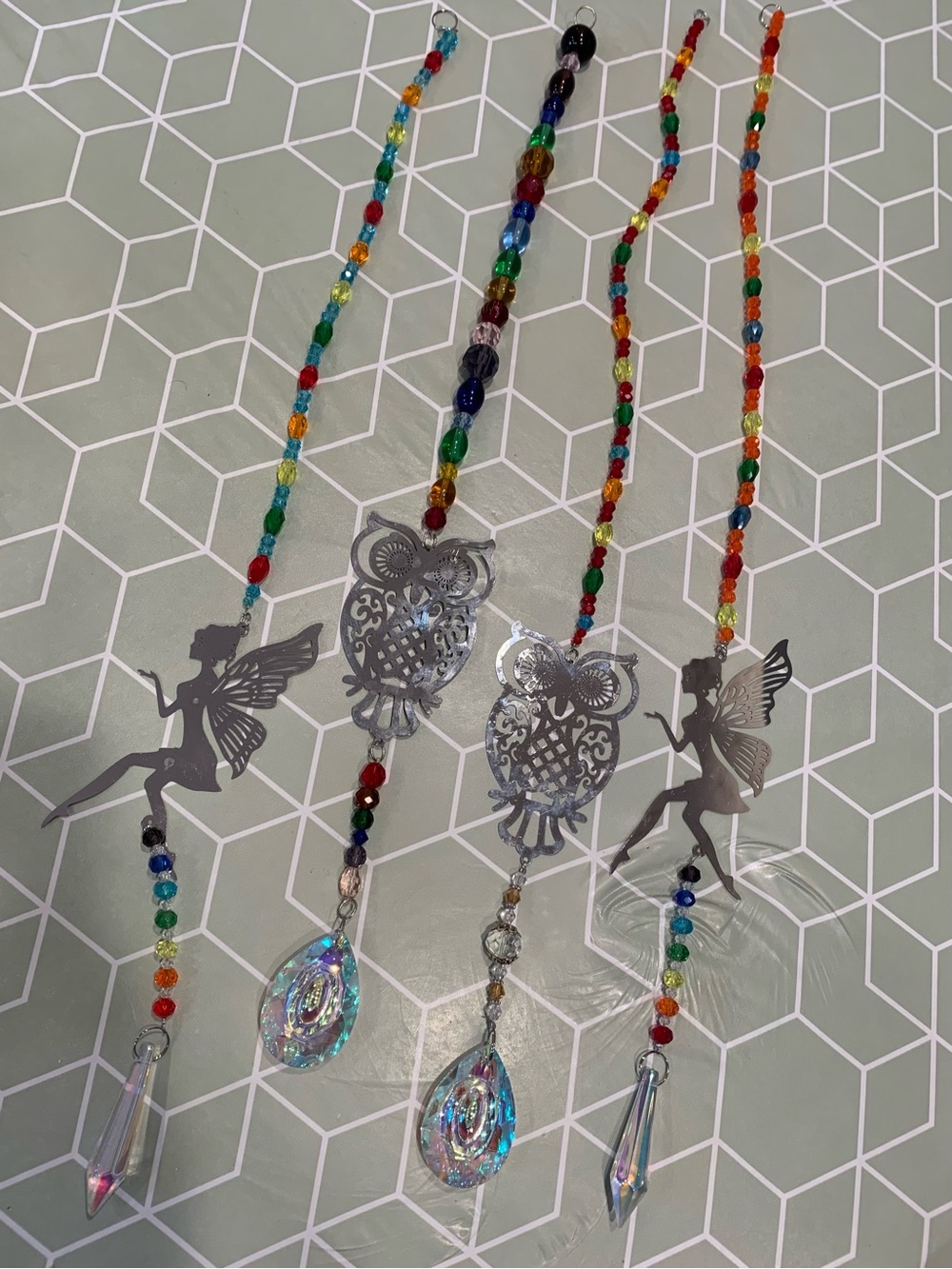Hand Crafted Multicolor Beaded Fairy and Owl Suncatchers price is for one